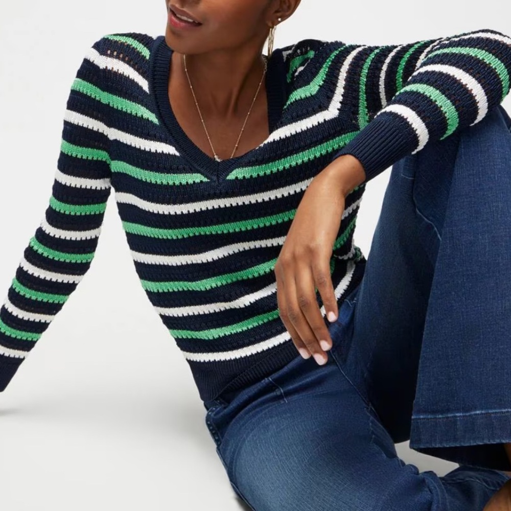 WHBM Long Sleeve Stripe V-Neck Pullover Sweater